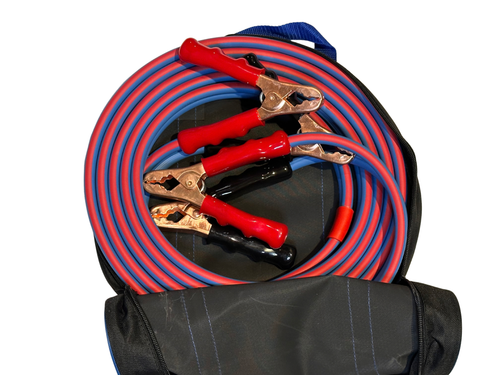 Coiled red and blue jumper cables with clamps on a black carrying case against a white background
