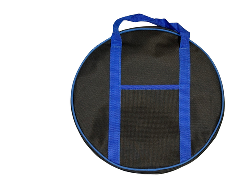 Black carrying bag with blue straps on a white background