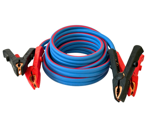 Coiled blue and red jumper cables with clamps on a white background