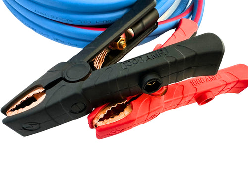 Black and red jumper cables with clamps on a white background